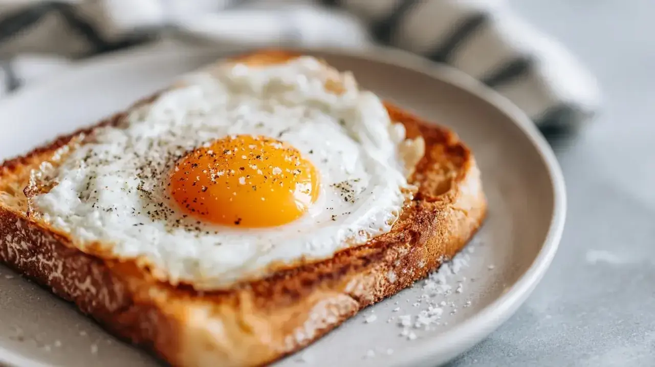 Idealne śniadanie z airfryer: jajko sadzone na chrupiącym toście, posypane pieprzem i solą. Szybko i pysznie!
