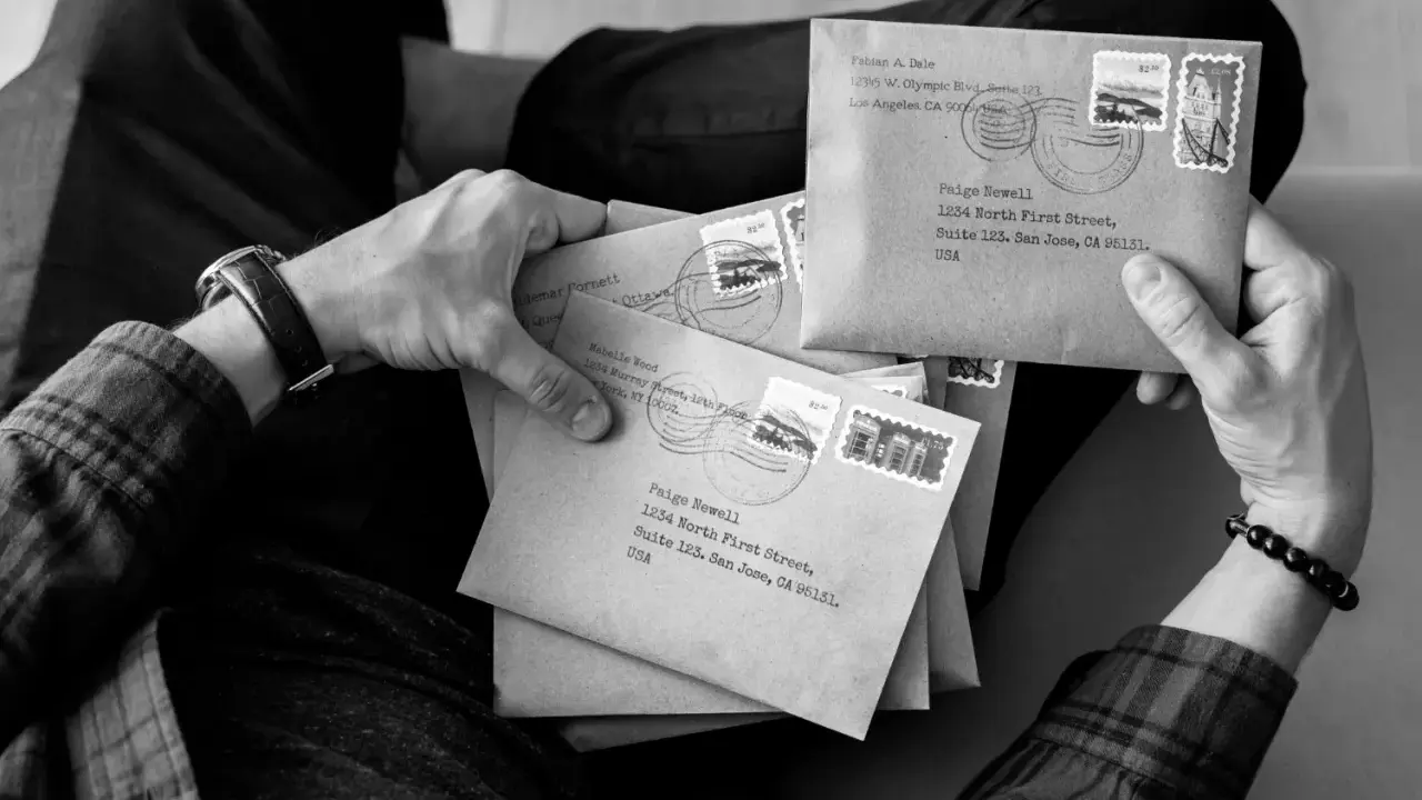 Ręce trzymające stos brązowych kopert, każda z adresem i znaczkiem pocztowym. Wygląda jak przygotowanie do wysyłki listów poleconych ekonomicznych.