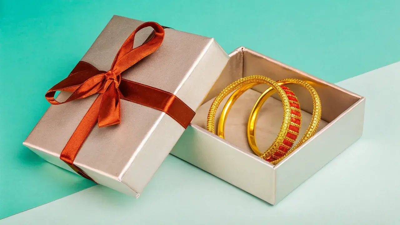Scatola regalo aperta con bracciali dorati e rossi. Come capire se un bracciale è oro? Osserva la lucentezza e i dettagli.