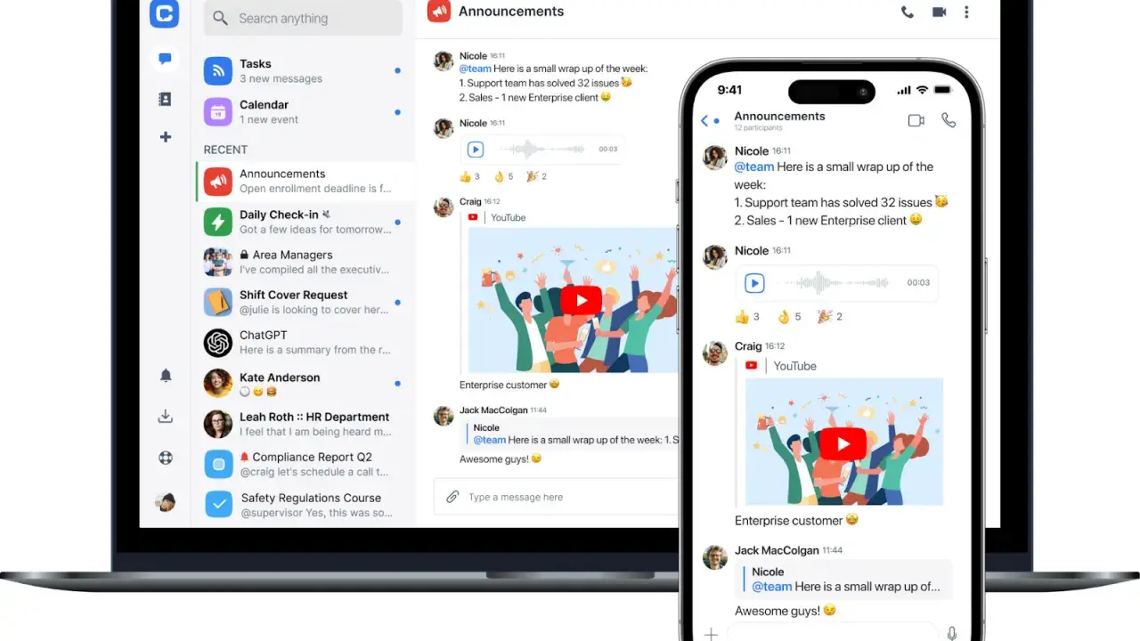 Interfaz de chat interno de empresa con mensajes, videos y notificaciones.