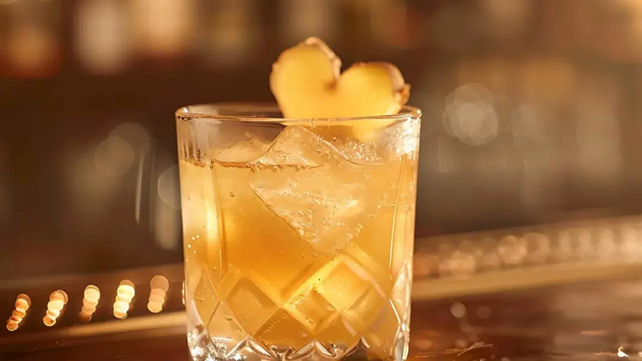 Ett glas med is och en gyllene ginger ale, garnerad med en ingefärskärna.