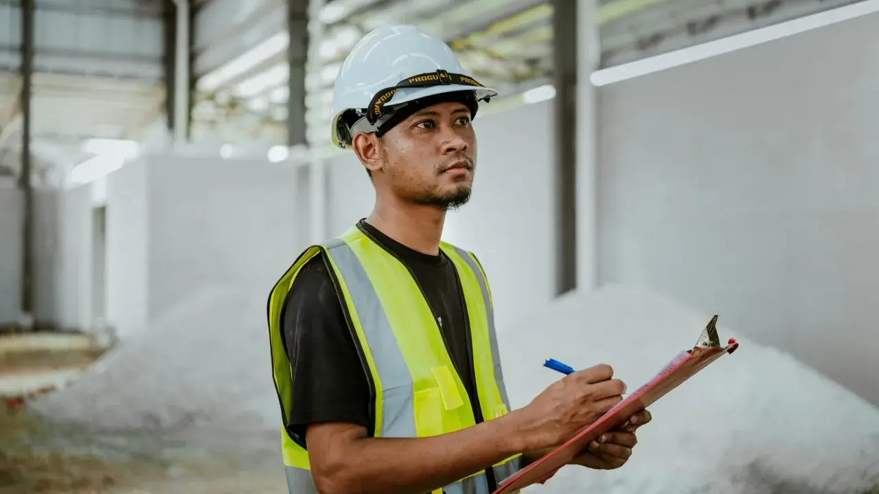 Un ingeniero de estructuras con casco y chaleco reflectante anota datos en una libreta, supervisando la construcción.