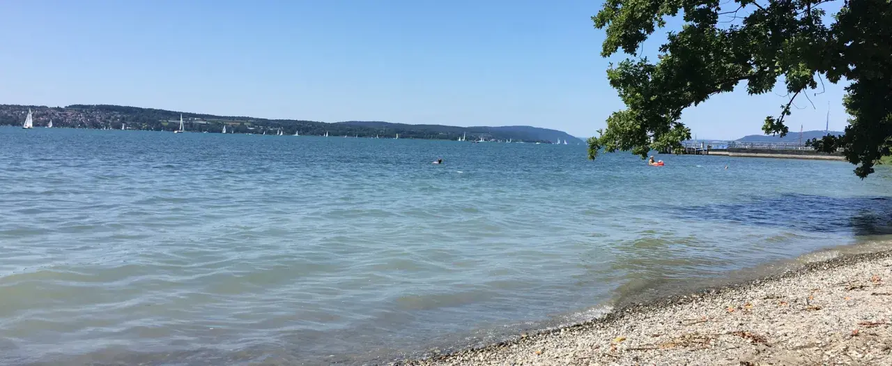 Sonniger Bodensee-Strand, ein echter Geheimtipp. Segelboote gleiten über das Wasser, während ein paar Schwimmer die Ruhe genießen.