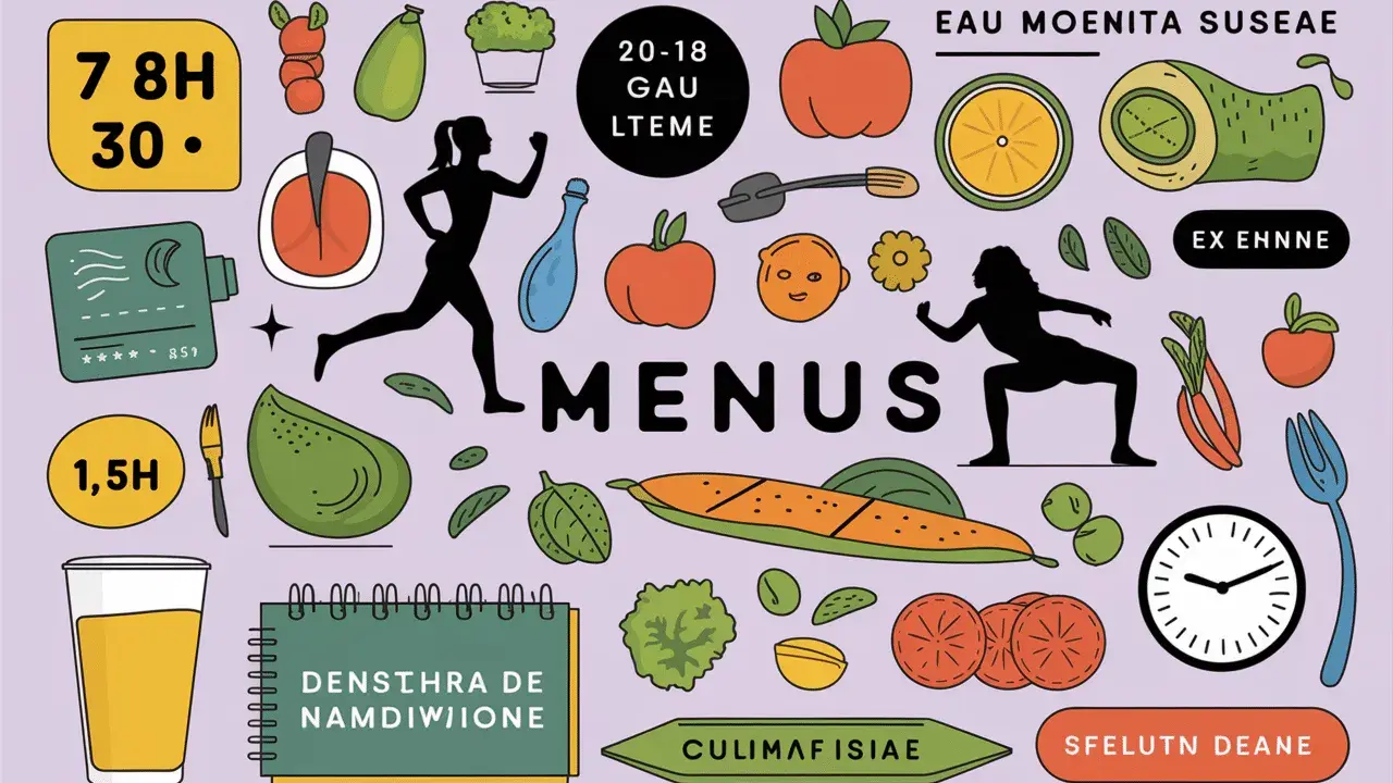 Menus pour perdre 5 kilos en 1 mois : fruits, légumes, sport et eau.