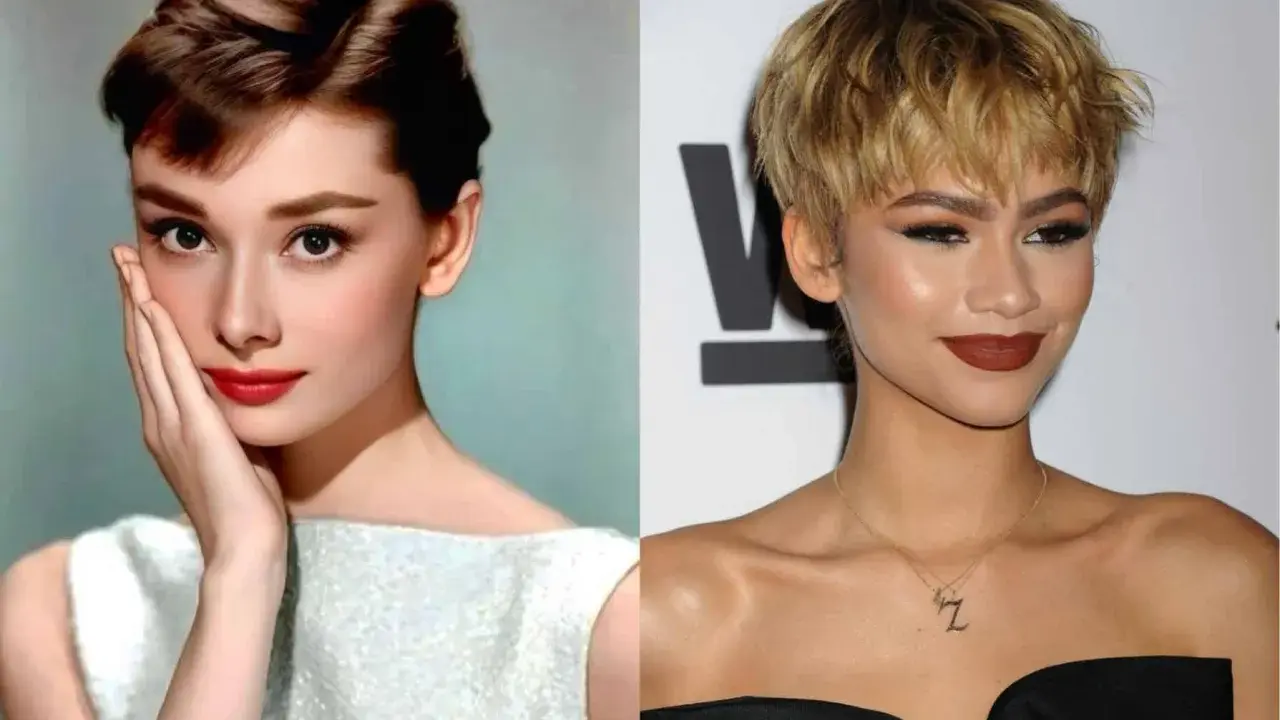 Audrey Hepburn y Zendaya, dos íconos de estilo, comparadas con un pixie cut largo y peinados clásicos.