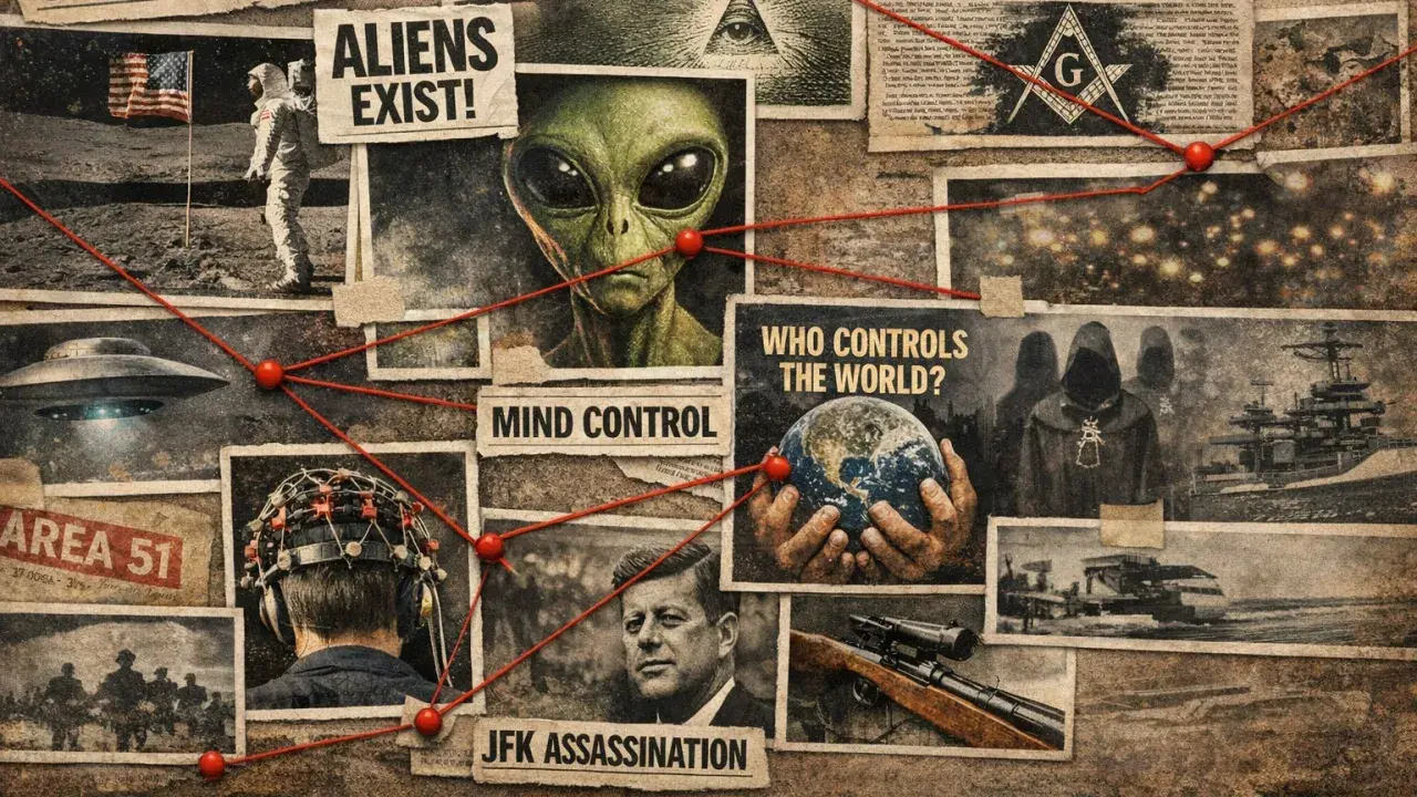 Plakaty z filmów o teoriach spiskowych: kosmici, Area 51, kontrola umysłu, JFK, masoni i tajemnicze postacie.