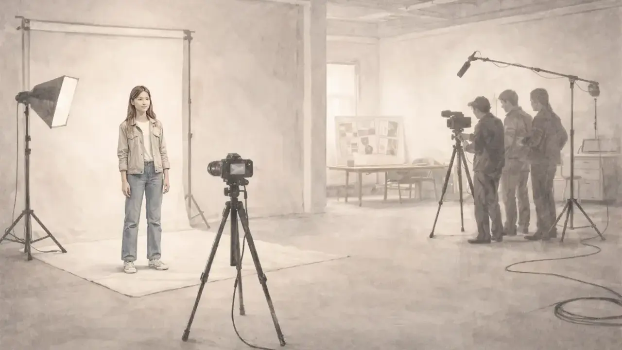 Sesja zdjęciowa z modelką i ekipą filmową. Dowiedz się, jak zarabiać na fotografii, tworząc profesjonalne materiały.