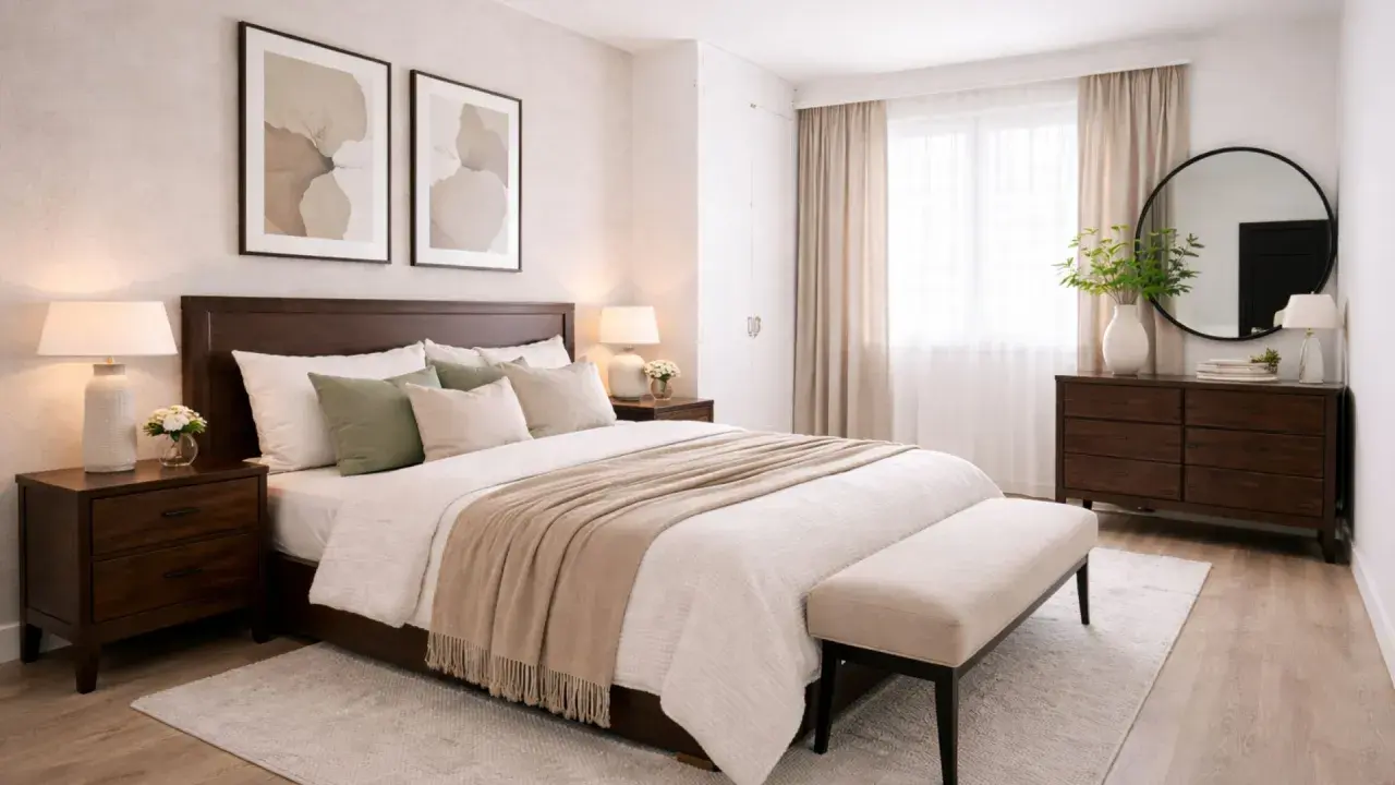 Dormitorio con muebles oscuros. Las paredes, pintadas en un tono crema suave, complementan la calidez de la madera.