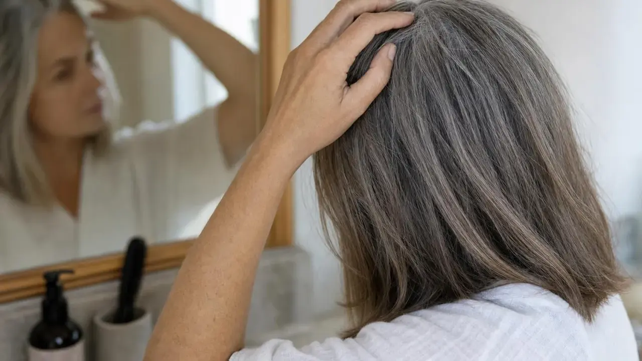 Donna con capelli grigi si tocca la testa, preoccupata che non pettinare i capelli li fa cadere.