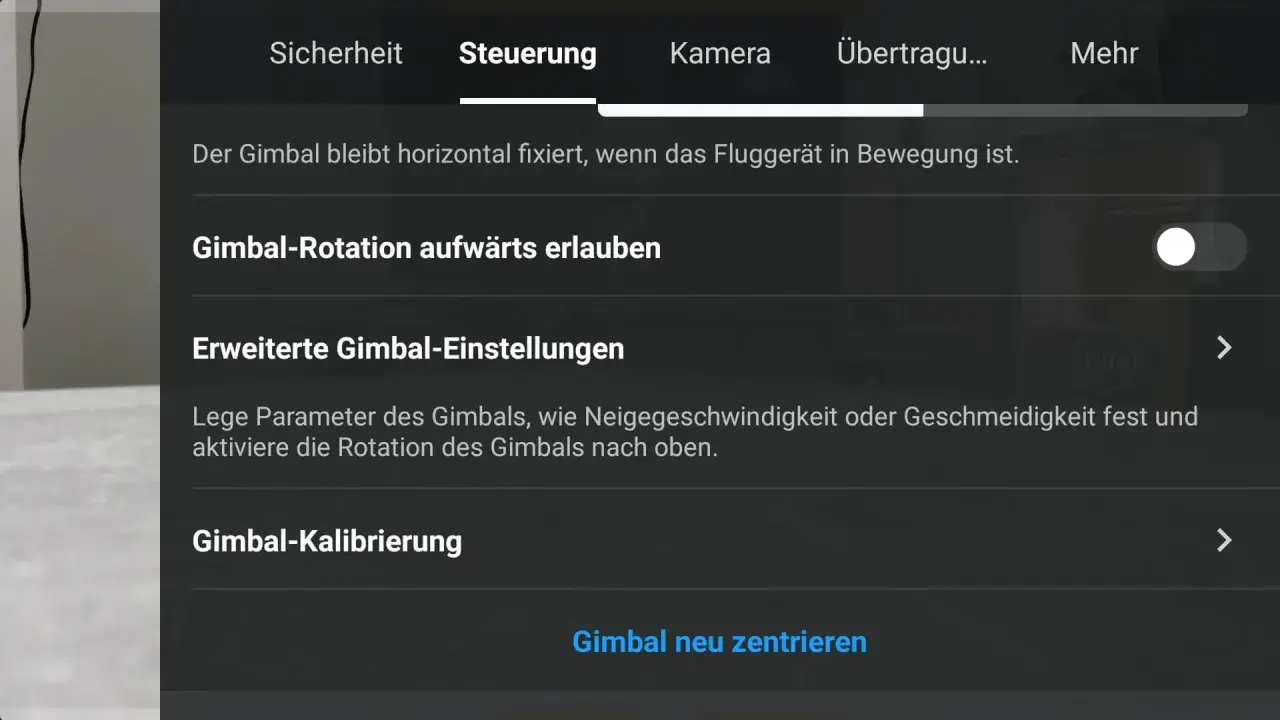 Einstellungen der dji gimbal app: Gimbal-Rotation, erweiterte Einstellungen und Kalibrierung.