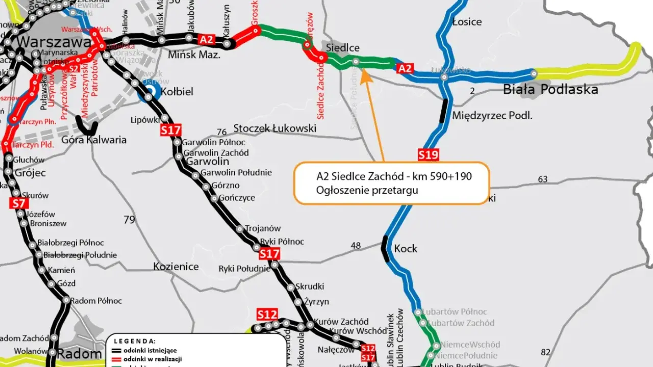 Mapa drogowa z zaznaczoną autostradą A2. Widoczny odcinek A2 Siedlce Zachód - km 590+190 z ogłoszeniem przetargu.