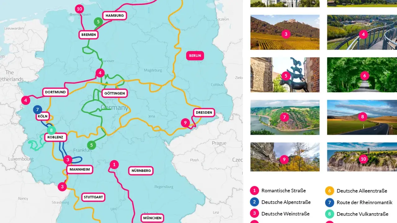 Eine Karte Deutschlands mit verschiedenen Routen, darunter die "Madrid Route" (nicht explizit auf der Karte, aber als Teil einer Reisevorstellung).