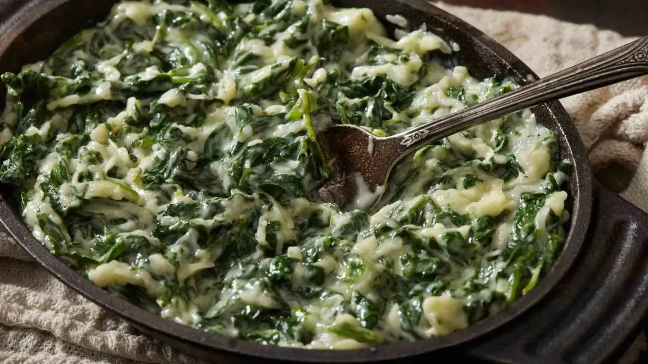 Cremosas espinacas a la crema servidas en una sartén de hierro fundido, con una cuchara lista para servir.