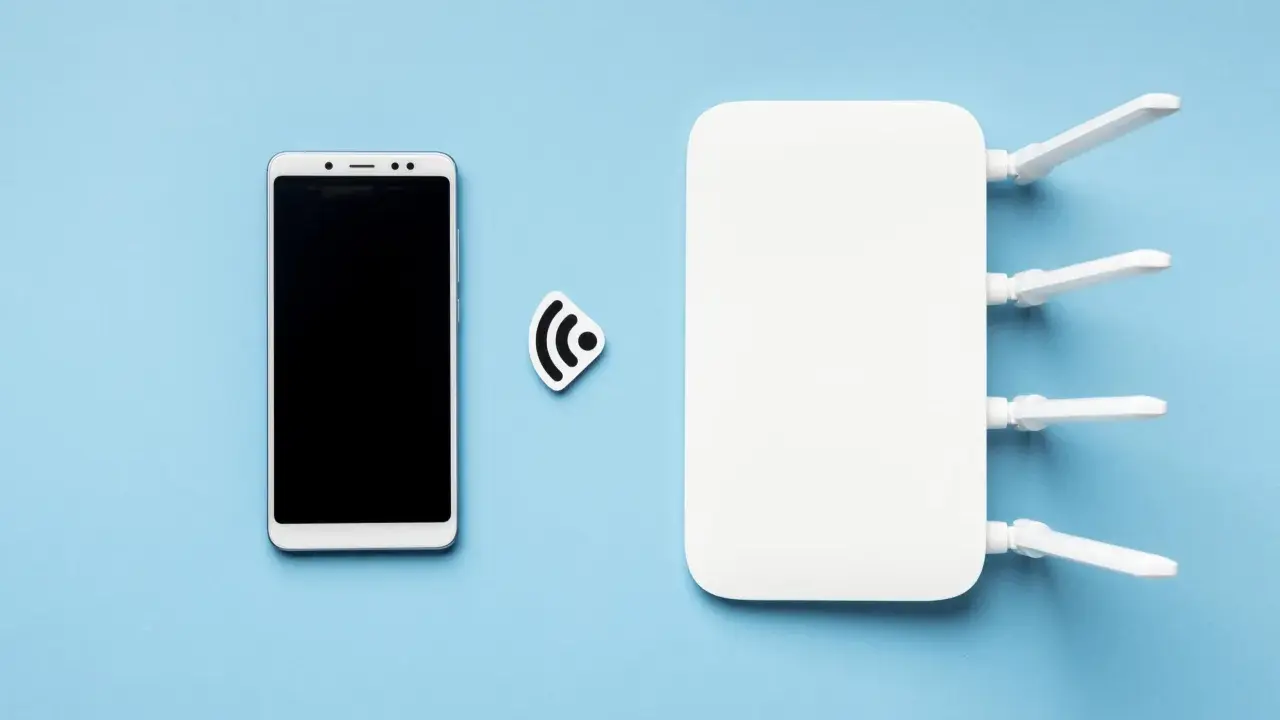 Biały router wifi z antenkami i smartfonem obok. Ikona sygnału wifi symbolizuje połączenie.