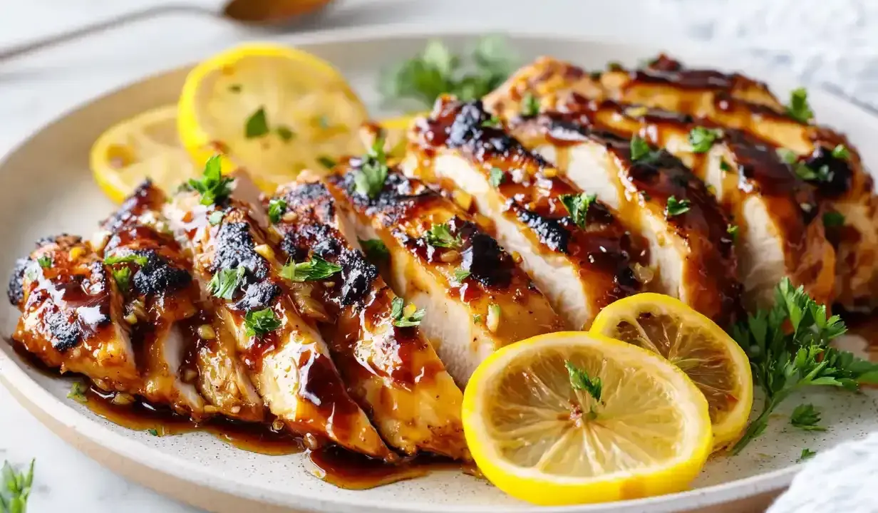 Skivad kycklingfilé med glansig marinad, garnerad med citronskivor och persilja. Perfekt för en god marinad till kycklingfile.