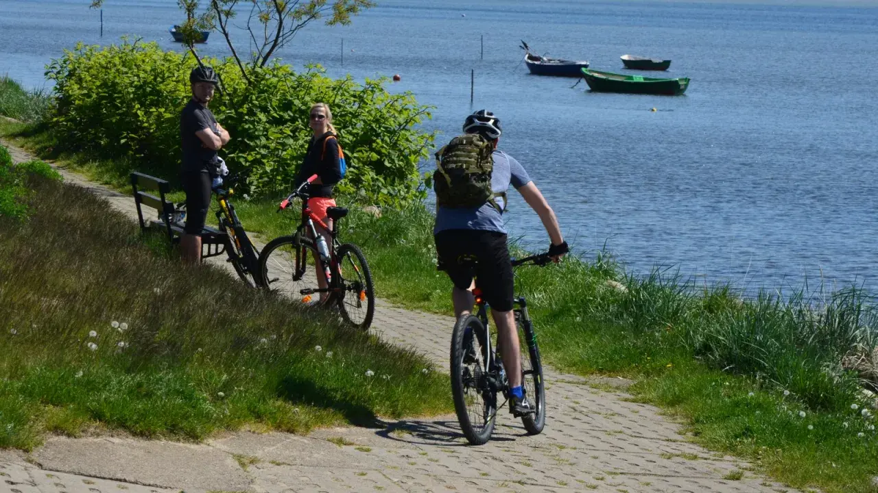 Trasa rowerowa Gdańsk Hel: trójka rowerzystów podziwia widok na zatokę, jeden z nich rusza dalej.