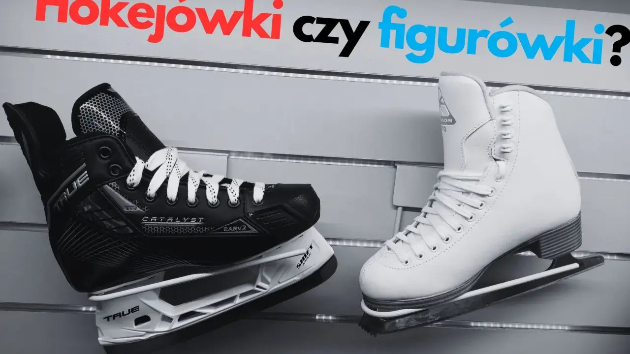 Hokejówki czy figurówki? Czarny but hokejowy i biały but łyżwiarski obok siebie.