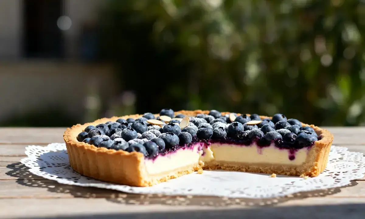 Une délicieuse tarte myrtille amande, garnie de myrtilles fraîches et d'amandes effilées, sur une table en bois ensoleillée.