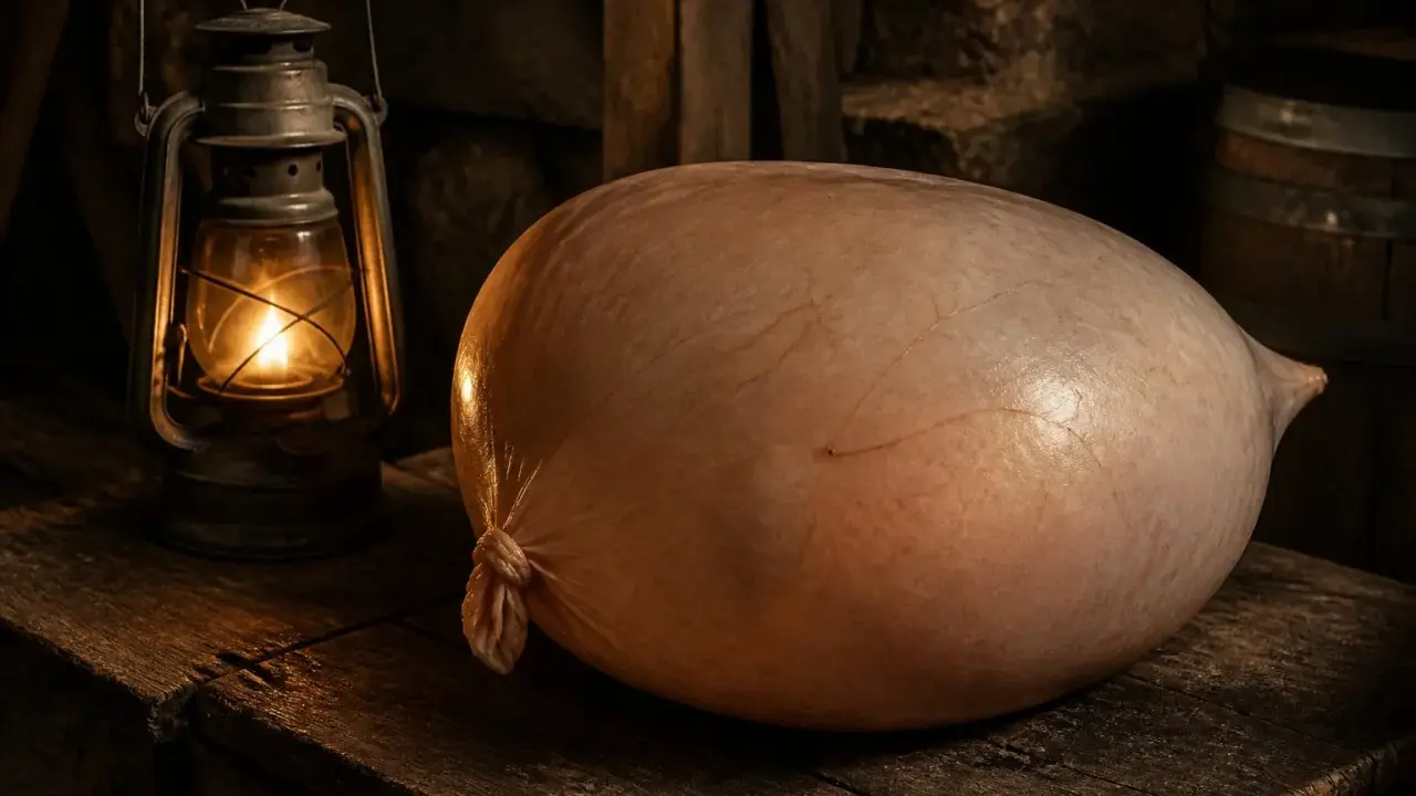 Une grosse saucisse, ressemblant à prendre des vessies pour des lanternes, repose sur une table en bois à côté d'une lanterne allumée.