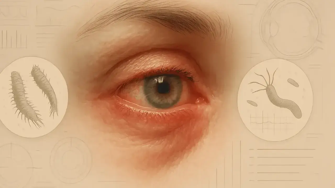Œil rouge et irrité, avec des illustrations de parasites et de bactéries, suggérant une rosacée oculaire.