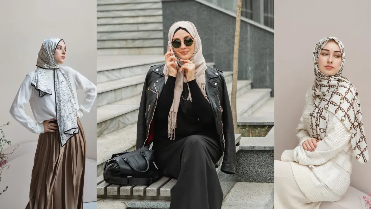 Three women showcase what is modest clothing: stylish hijabs and elegant outfits, blending tradition with modern fashion.