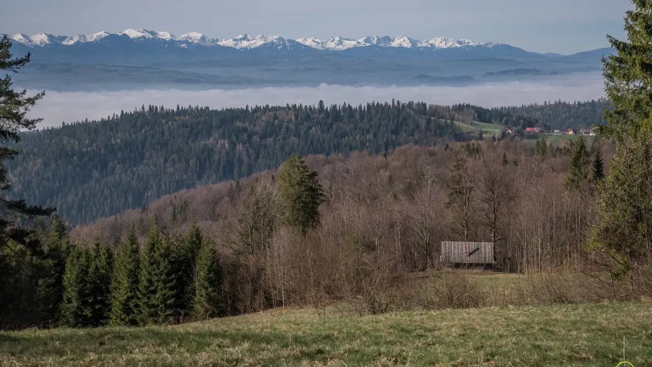 Widok na góry z mgłą w dolinie, lasy i drewniana wiata. To może być najładniejsza trasa na Turbacz.