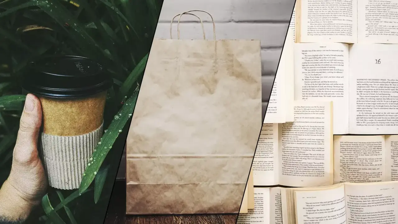 Kubek z kawy z papieru, torba na zakupy z eko papieru i otwarte książki.