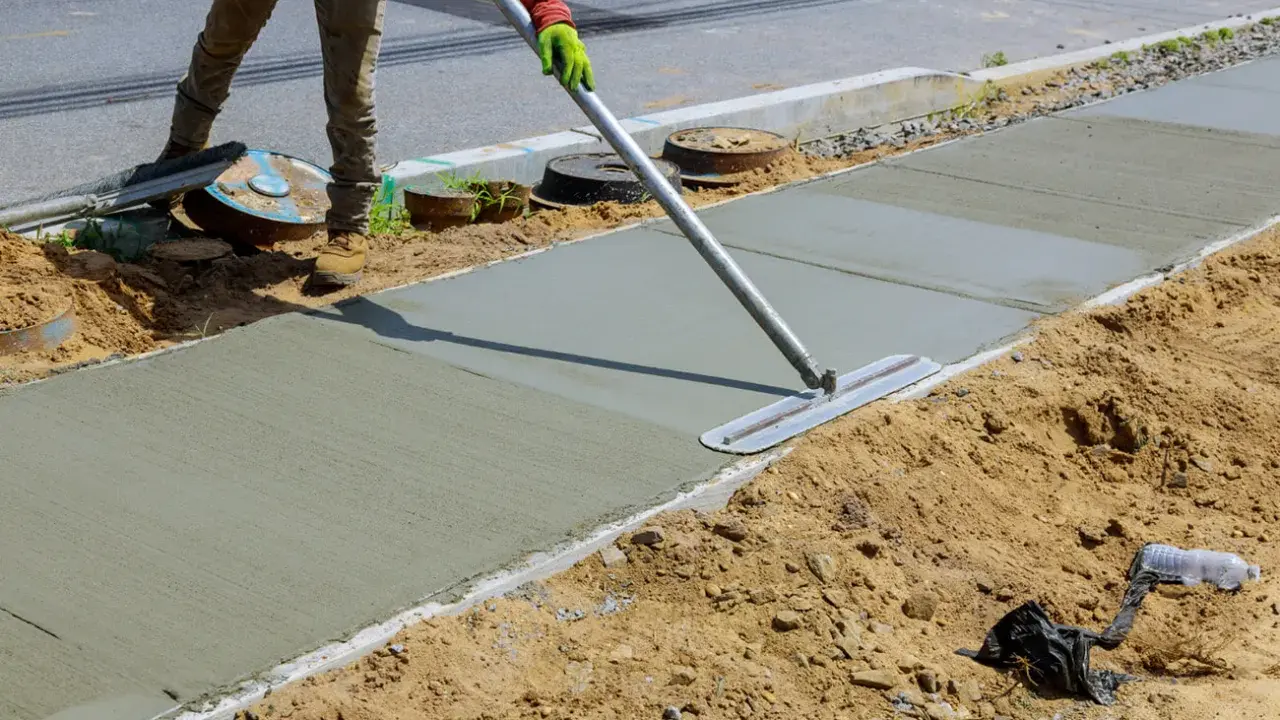 Robotnik wygładza świeży beton na chodniku za pomocą kielni.