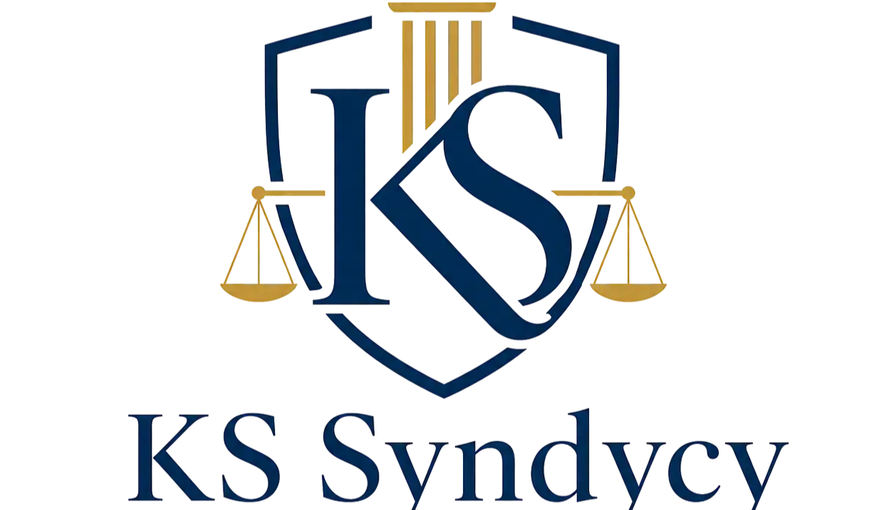 Logo kancelarii prawnej KS Syndycy z wagą sprawiedliwości i kolumną.