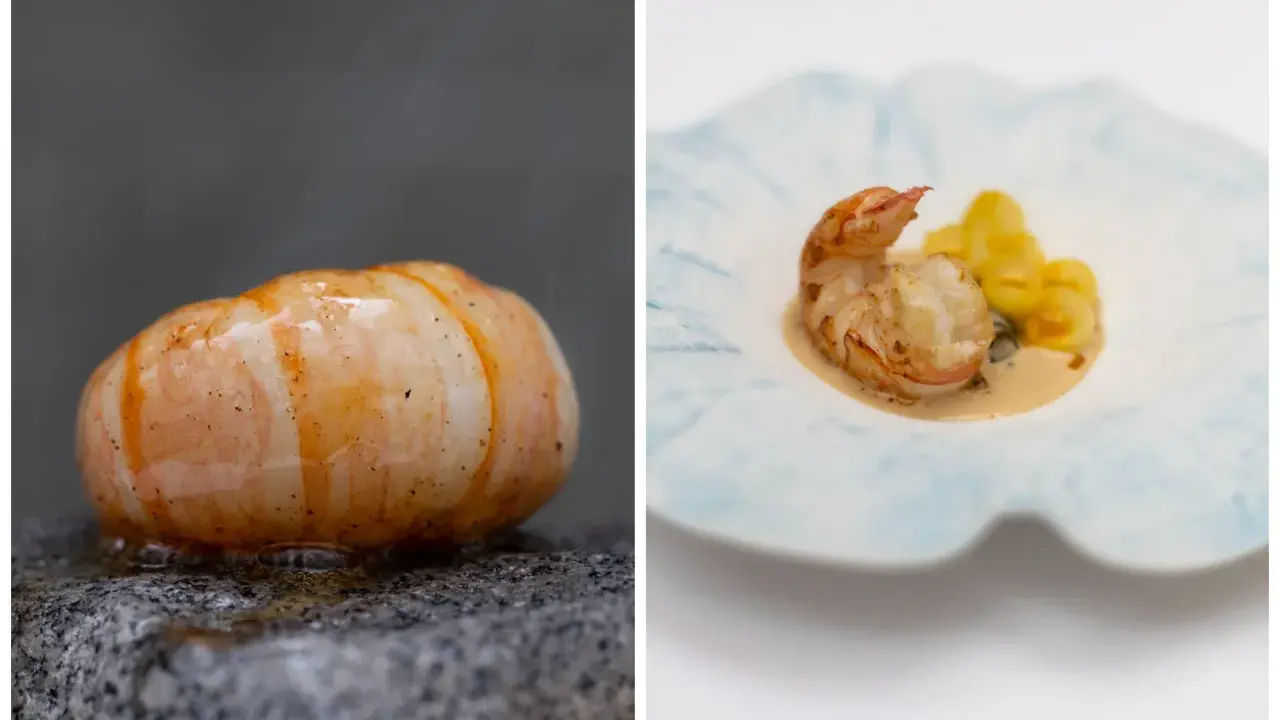 Crevette sur pierre et crevette avec gnocchis, deux présentations de spécialités parisiennes.