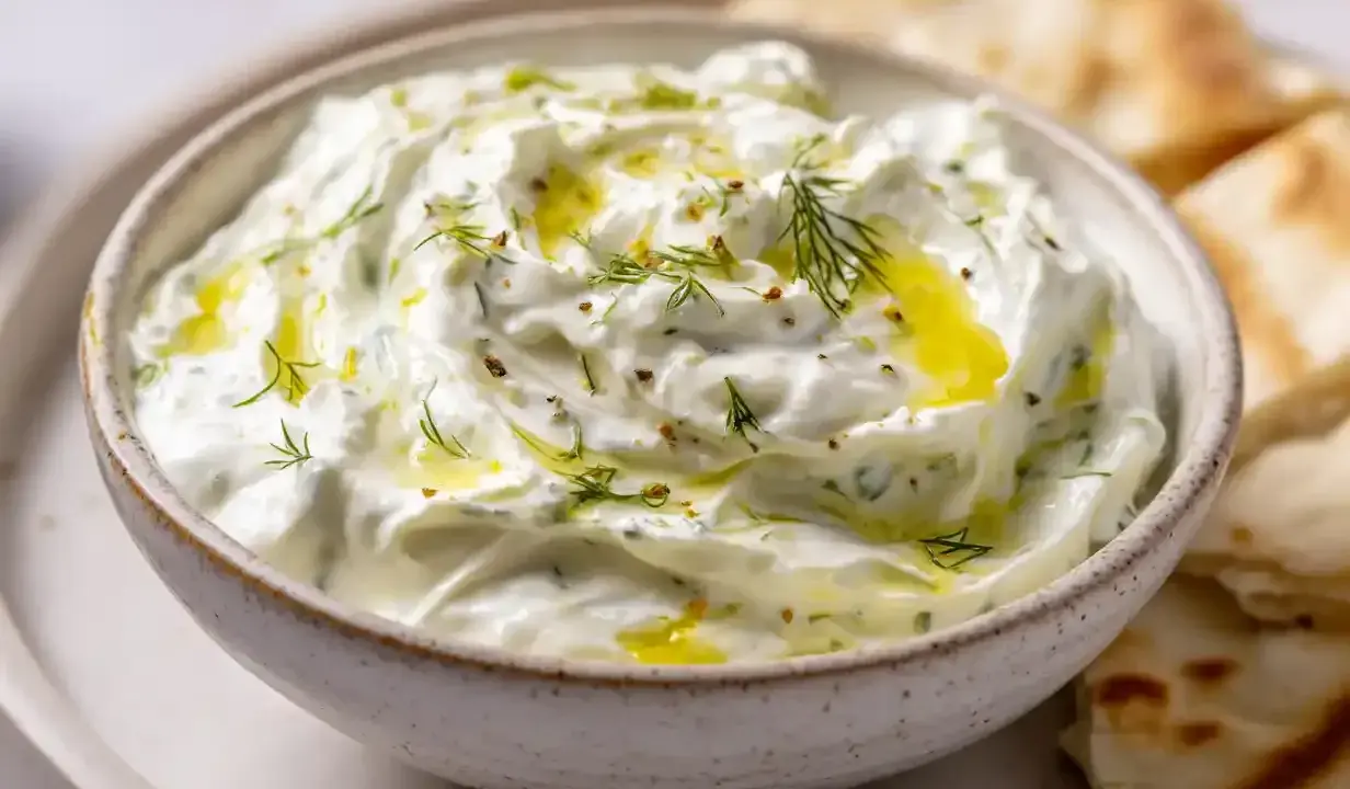 Krämig tzatziki med dill och olivolja, perfekt till pitabröd. Ett enkelt tzatziki recept att prova!