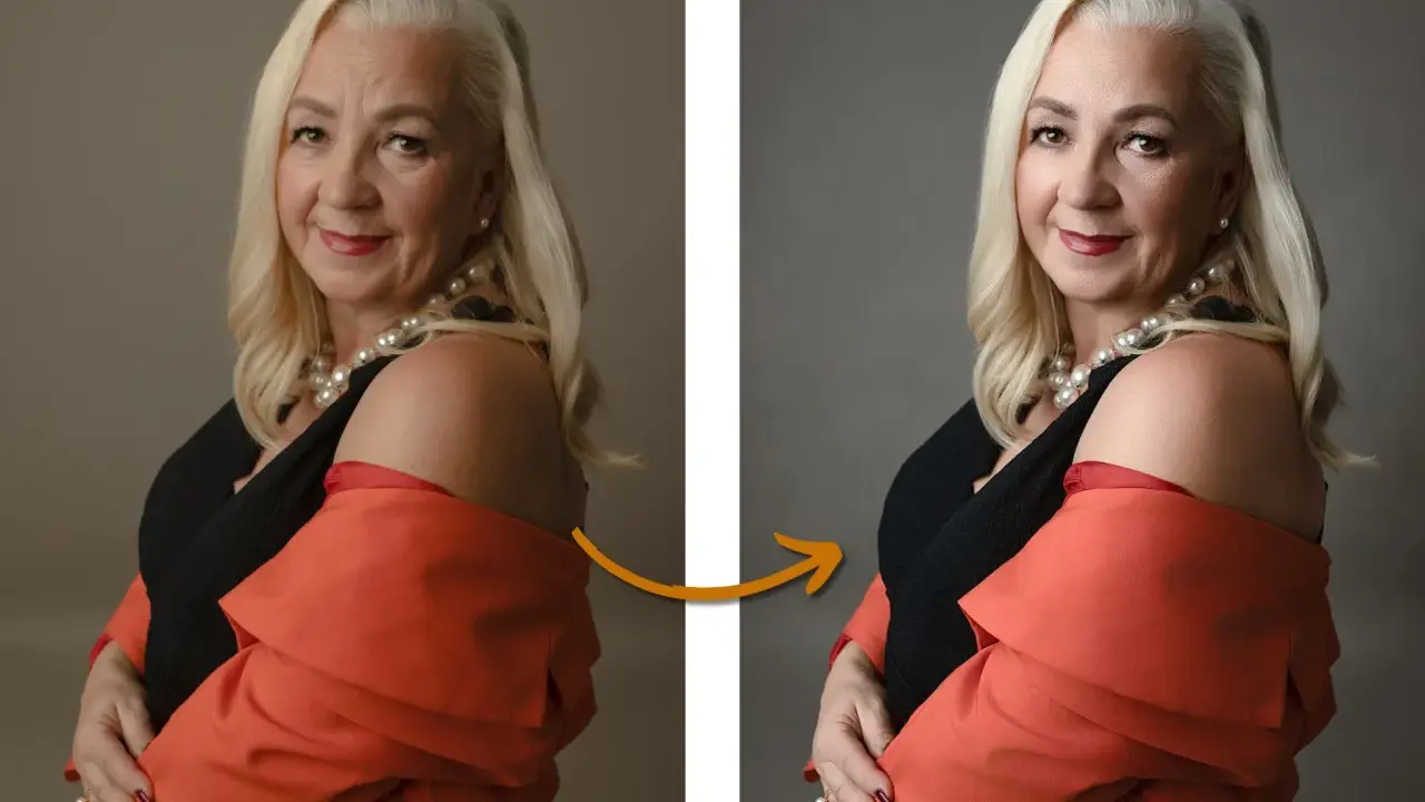 Elegancka kobieta w perłach i pomarańczowej marynarce. Po lewej zdjęcie przed obróbką, po prawej po retuszu.