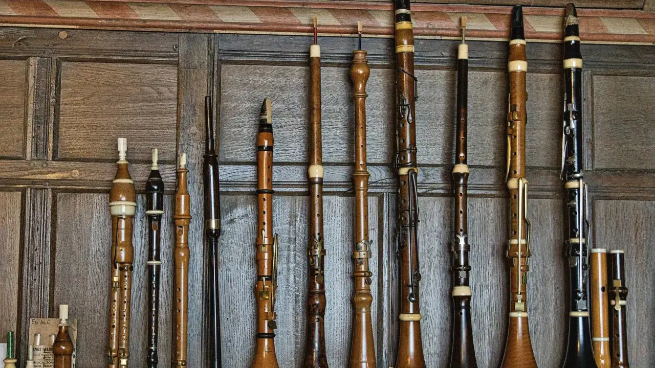 Une collection d'instruments à vent anciens, une véritable famille des vents, alignés sur un mur boisé.
