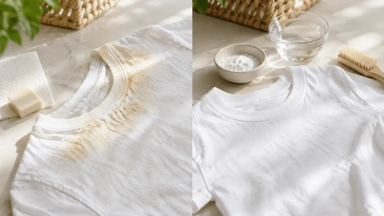 T-shirt avec une tache de crème solaire à gauche, et un t-shirt propre à droite, prêt à être lavé.