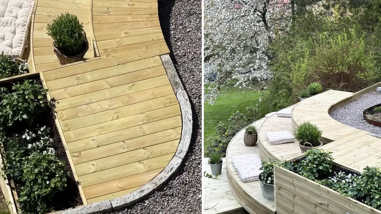 En vacker, böljande rund altan i trä med planteringslådor och kuddar. Perfekt för en avkopplande stund i trädgården.
