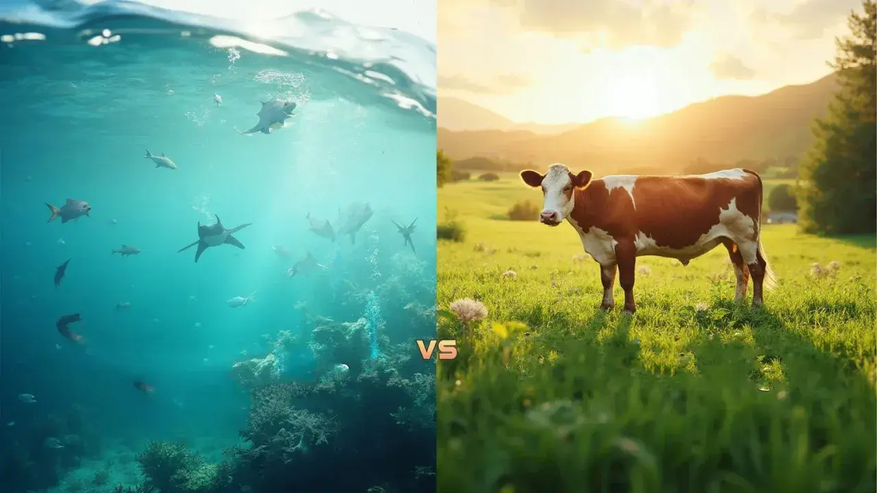 Comparaison entre le collagène bovin et marin : une vache dans un pré ensoleillé face à des poissons et requins dans l'océan.