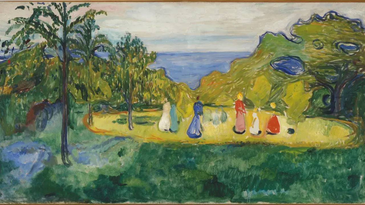 Edvard Munchs barn leker vid havet bland grönska och träd.