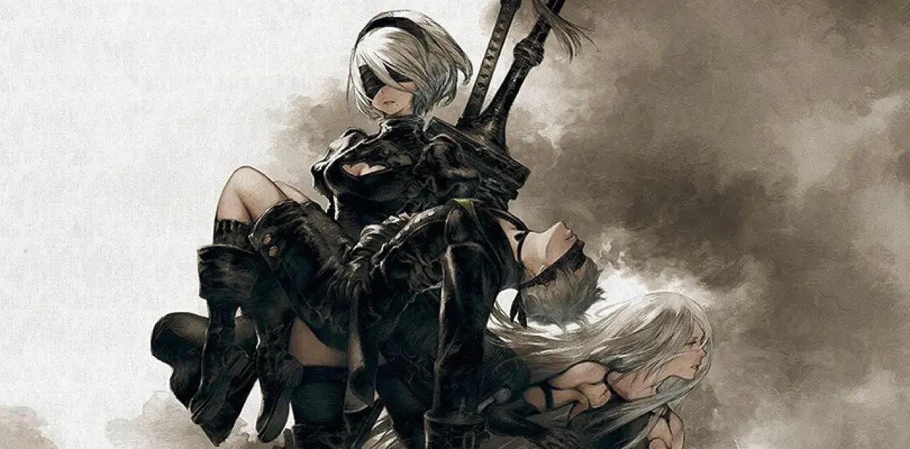 2B trzyma 9S, gdy A2 patrzy w dal. Obrazek idealny do spolszczenia Nier Automata.