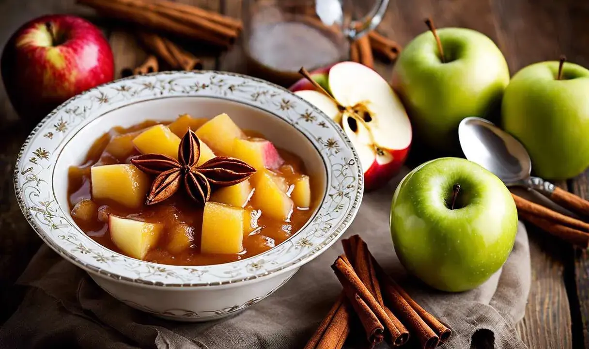 Délicieuse compote pommes mirabelles, garnie d'une étoile de badiane, entourée de pommes fraîches et de bâtons de cannelle sur fond de bois.