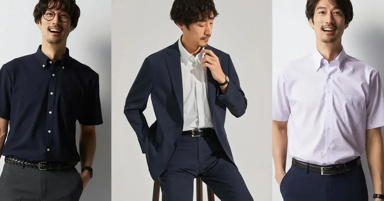 Three men showcase different dress shirt colors: navy, white, and light purple.