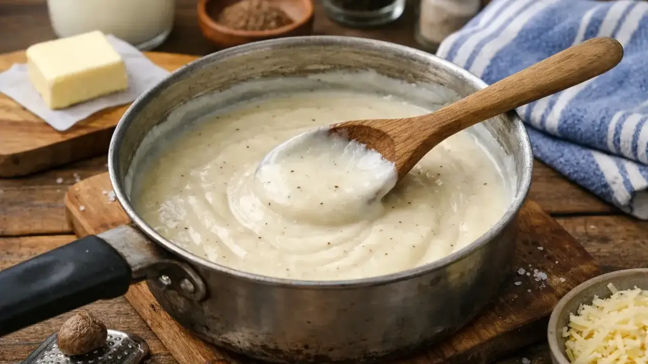 Une cuillère en bois remue une béchamel crémeuse dans une casserole. Ingrédients pour la recette bechamel : lait, beurre, noix de muscade râpée.