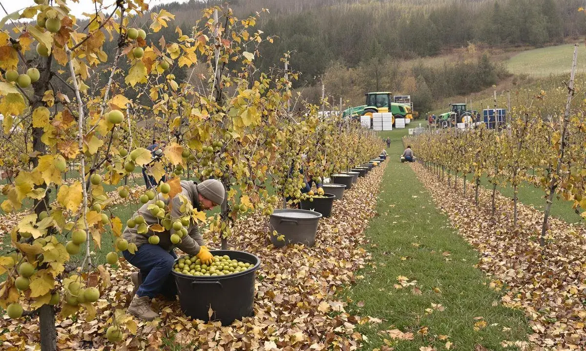 Récolte de fruits verts sur un kiwi arbre, des travailleurs remplissent des seaux tandis que des tracteurs attendent au fond.