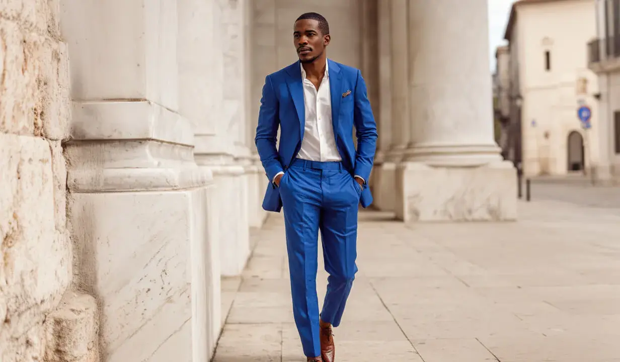 A groom in a bright blue suit and white shirt walks confidently, his brown shoes a perfect complement for a wedding.