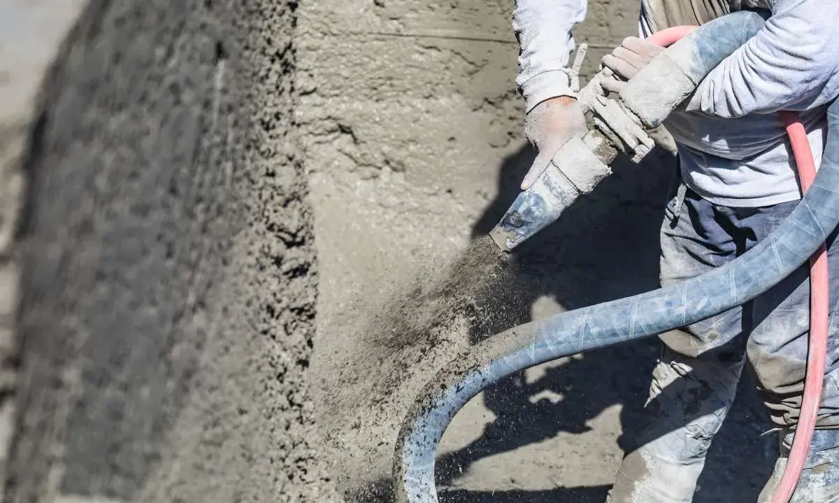 Un trabajador aplica hormigón proyectado a una pared con una manguera. El material salpica al ser aplicado.