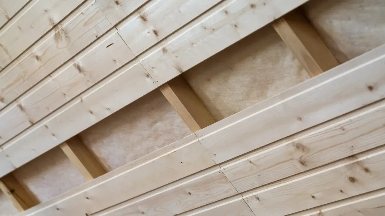 Pose de lambris en bois clair, montrant la structure sous-jacente et l'isolant.