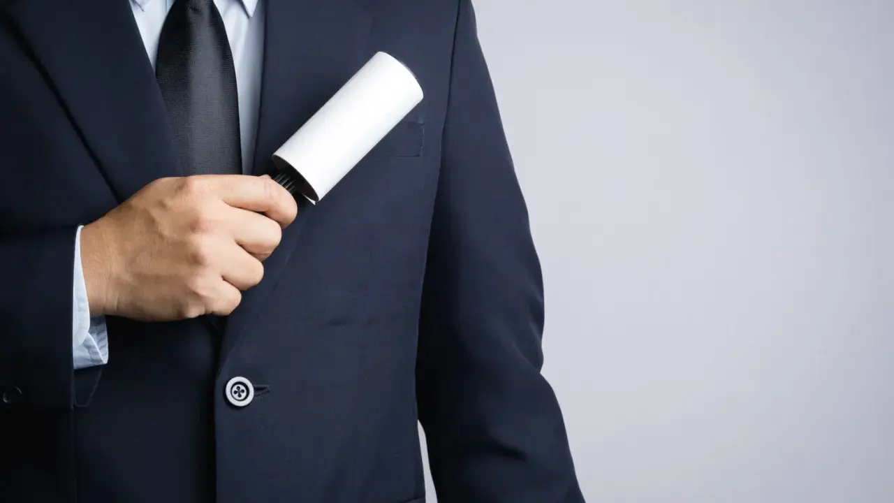 A man in a dark tuxedo uses a lint roller to clean his jacket, showing a simple way how to clean a tuxedo.