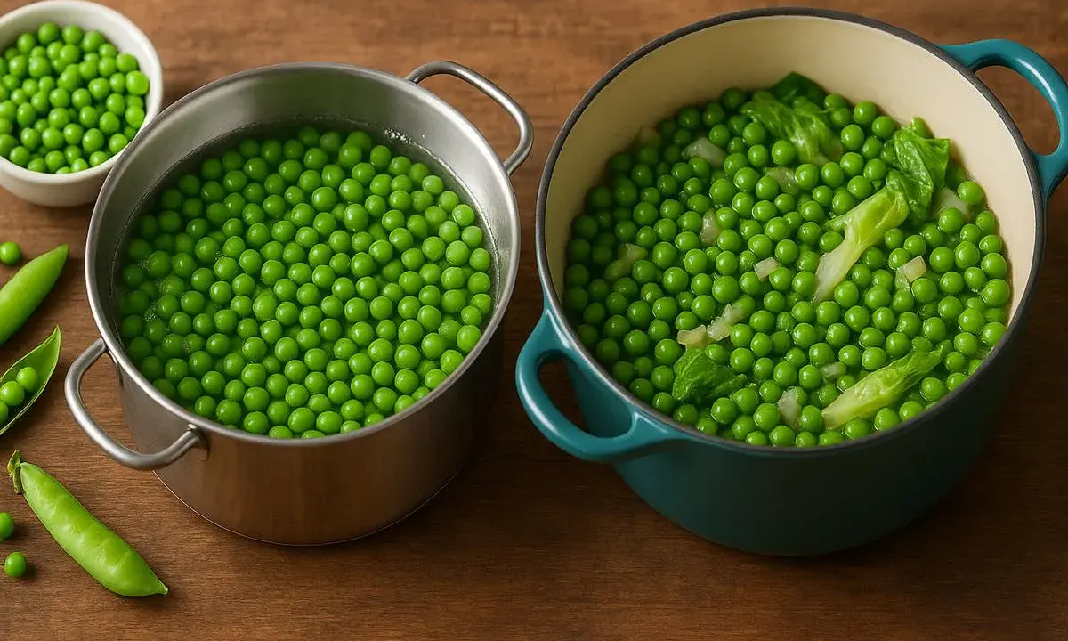 Deux casseroles de pois gourmand en cuisson. L'une contient des pois dans l'eau bouillante, l'autre des pois cuits avec des feuilles vertes.
