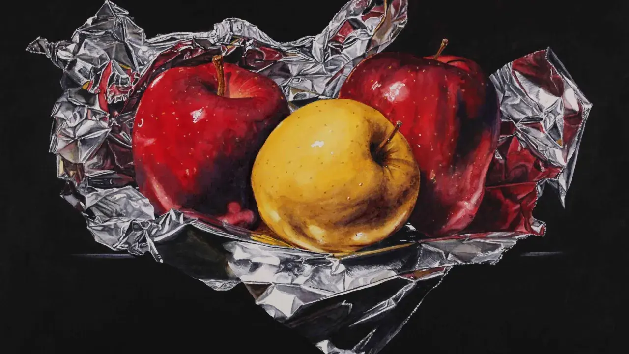 A still life painting by skilled artists depicts two red apples and one yellow apple nestled in crumpled silver foil against a black background.