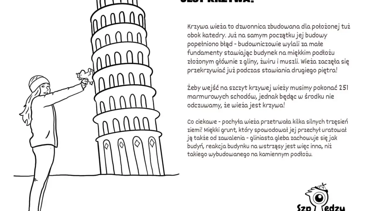 Dziewczynka z kotkiem przy krzywej wieży w Pizie. Dlaczego wieża w Pizie jest krzywa? Bo budowniczowie popełnili błąd.