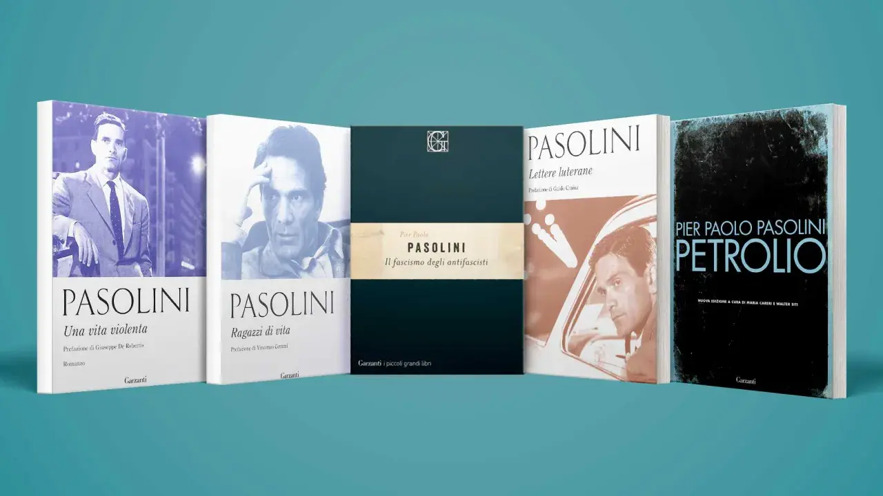Copertine di opere di Pier Paolo Pasolini: "Una vita violenta", "Ragazzi di vita", "Il fascismo degli antifascisti", "Lettere luterane" e "Petrolio".